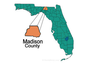Map of Madison County, Florida highlighted in orange – Florida Bug Control offers pest control in Madison, Greenville, Lee, Cherry Lake, and Pinetta. Call 850-464-6258 today.